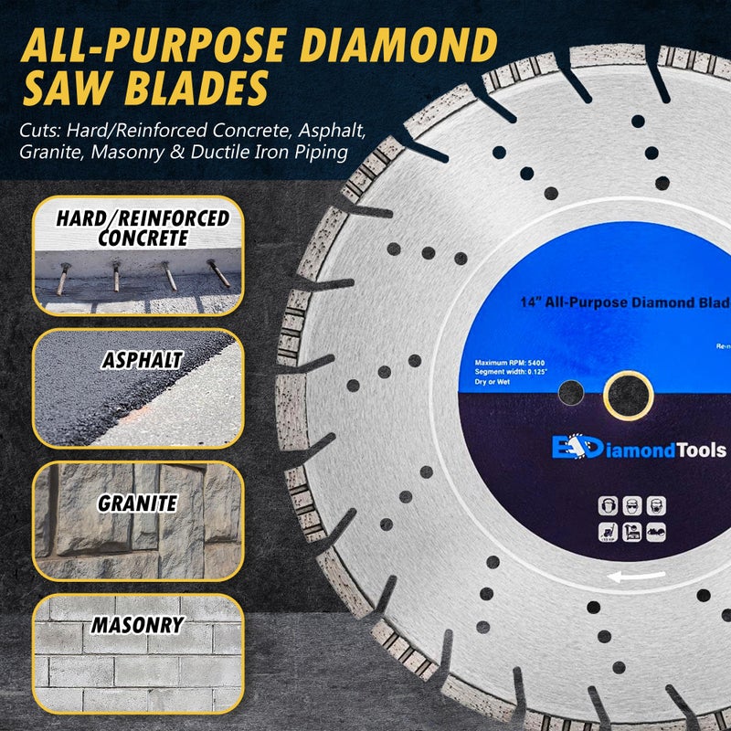 EDiamondTools 14" All Purpose Diamond Saw Blades for Hard/Reinforced Concrete, Asphalt, Granite, Terrazzo, Ductile Iron Piping, 4-5/8" Cutting Depth, 1" Arbor - Image 2